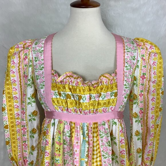 Vintage 70s Yellow, Pink, White Floral Hearts Long Sleeve Peasant  Dress - Picture 2 of 7